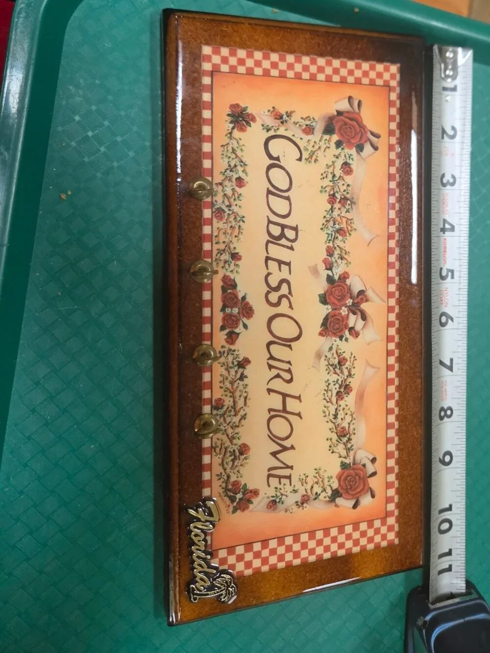 God bless our home key rack plaque wood brass key hooks has Florida script